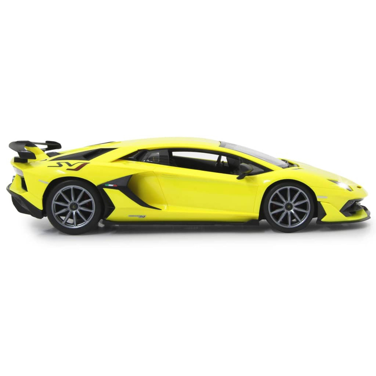 Vista lateral de un coche de juguete Lamborghini amarillo sobre fondo blanco. Tiene detalles negros.