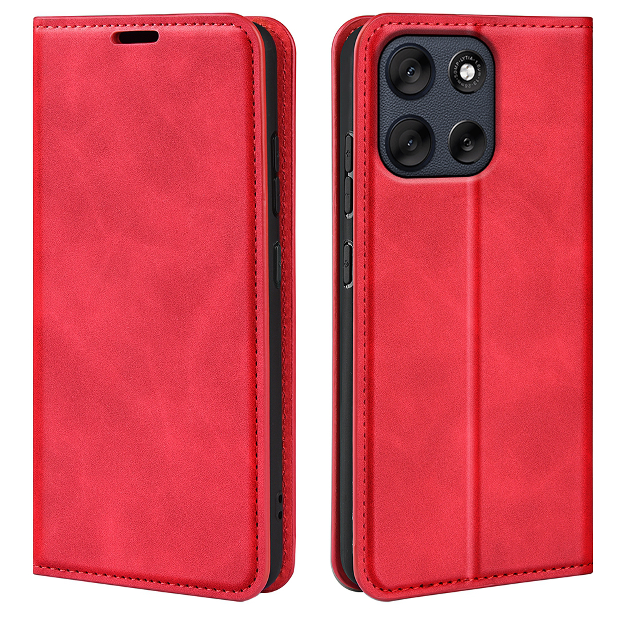 Étui de téléphone rouge, fermé et ouvert. Montre un téléphone avec quatre caméras.