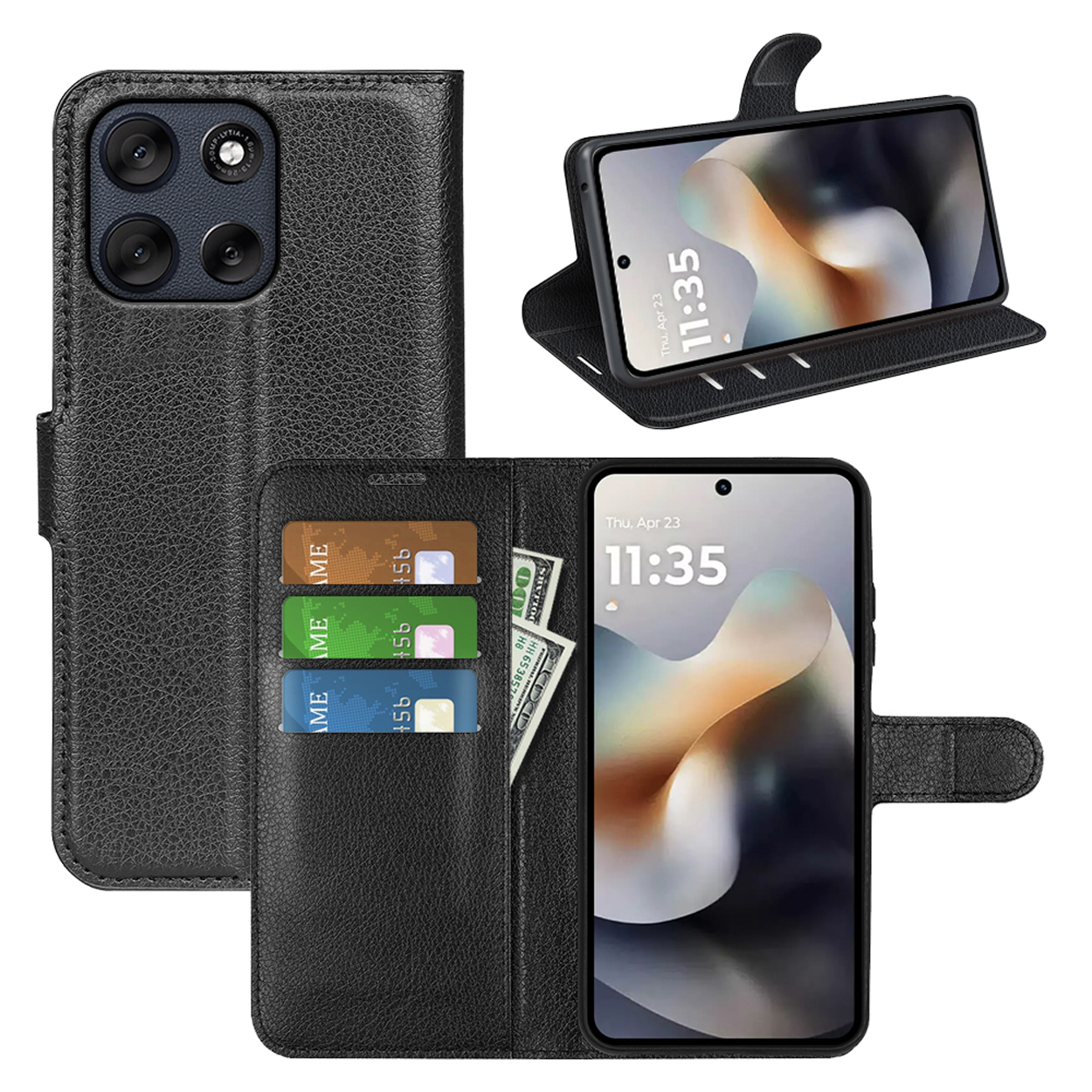 Zwarte telefoonhoes open met telefoon die tijd, drie kaartsleuven en dollarbiljetten toont.