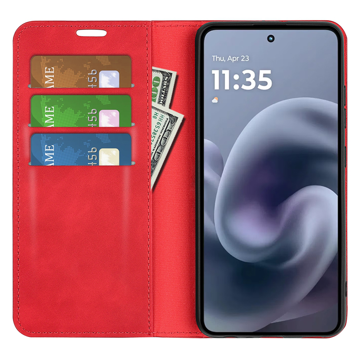 Rode telefoonhoes open, met telefoon die tijd, drie kaartsleuven en dollarbiljetten toont.