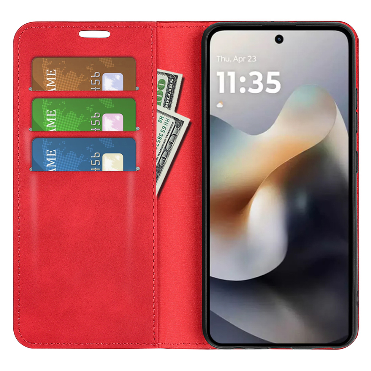Étui de téléphone rouge ouvert, avec téléphone affichant l'heure, trois fentes pour cartes.