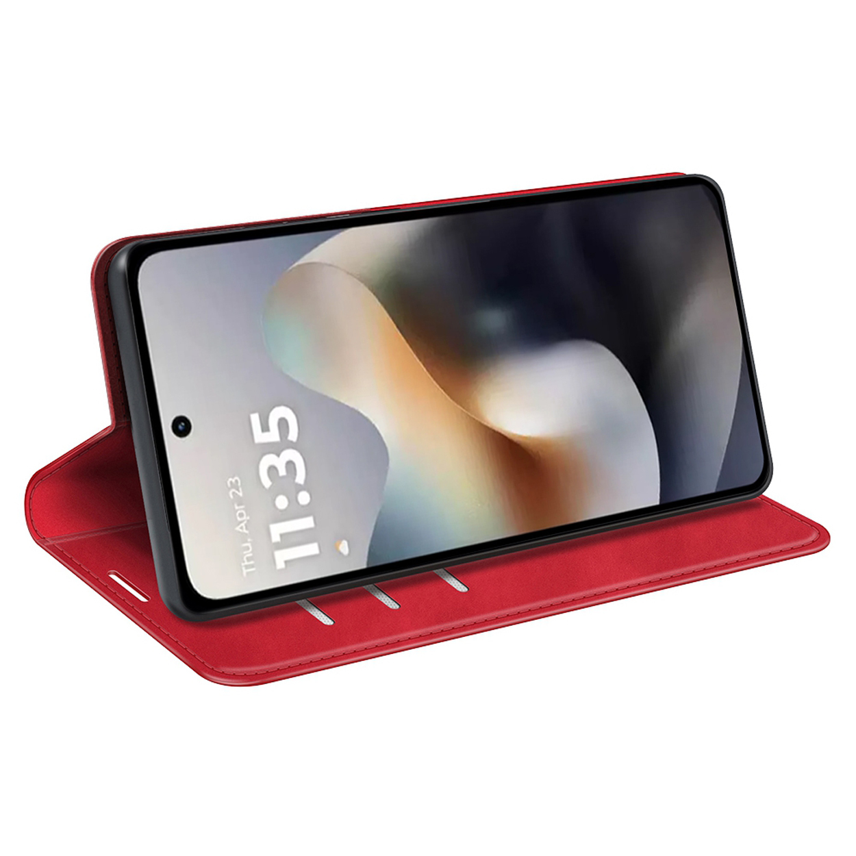 Étui de téléphone rouge ouvert, avec téléphone affichant l'heure. Fond blanc.
