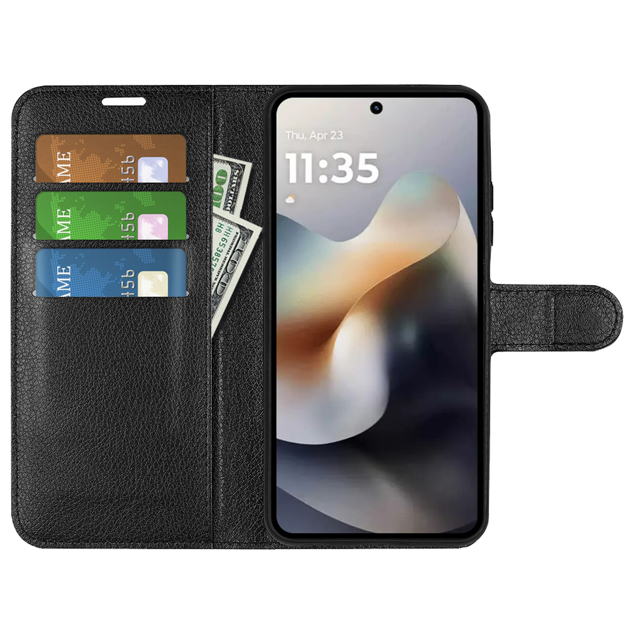 Zwarte telefoonhoes met telefoon erin. Kaarten en contant geld zijn zichtbaar. De telefoon toont de tijd.