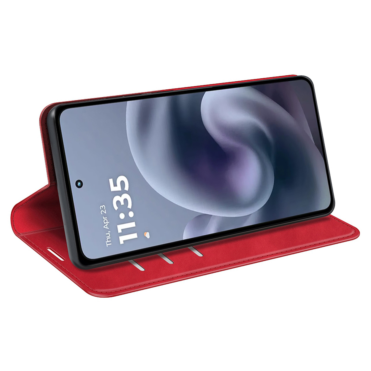 Rode telefoonhoes met een telefoon erin die de tijd toont. De telefoon is schuin geplaatst om het scherm te tonen.