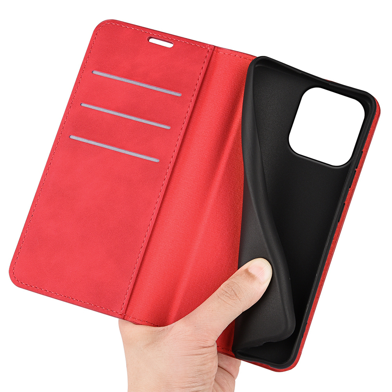 Étui de téléphone rouge ouvert, montrant l'intérieur. Le téléphone n'est pas dans l'étui.