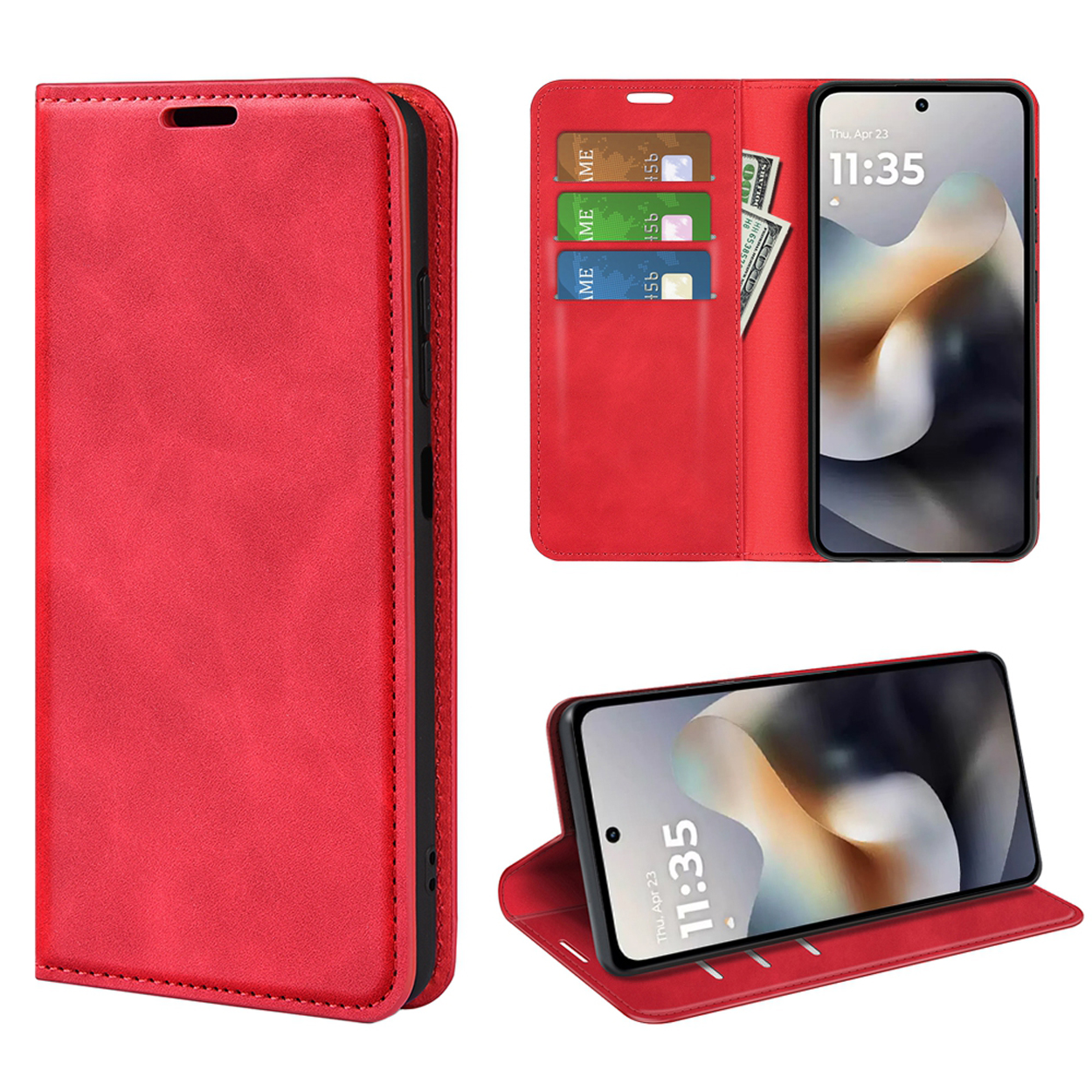 Étui de téléphone rouge avec téléphone à l'intérieur, affichant l'heure. Cartes et espèces à l'intérieur. Plusieurs vues.