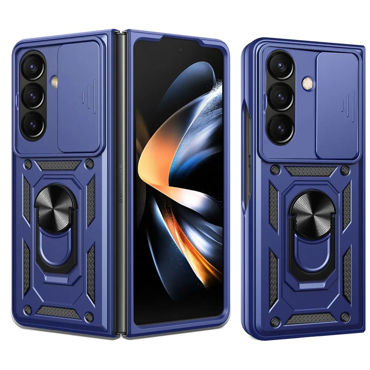 Coque de téléphone bleue avec cache objectif et anneau de support. Design pliable.