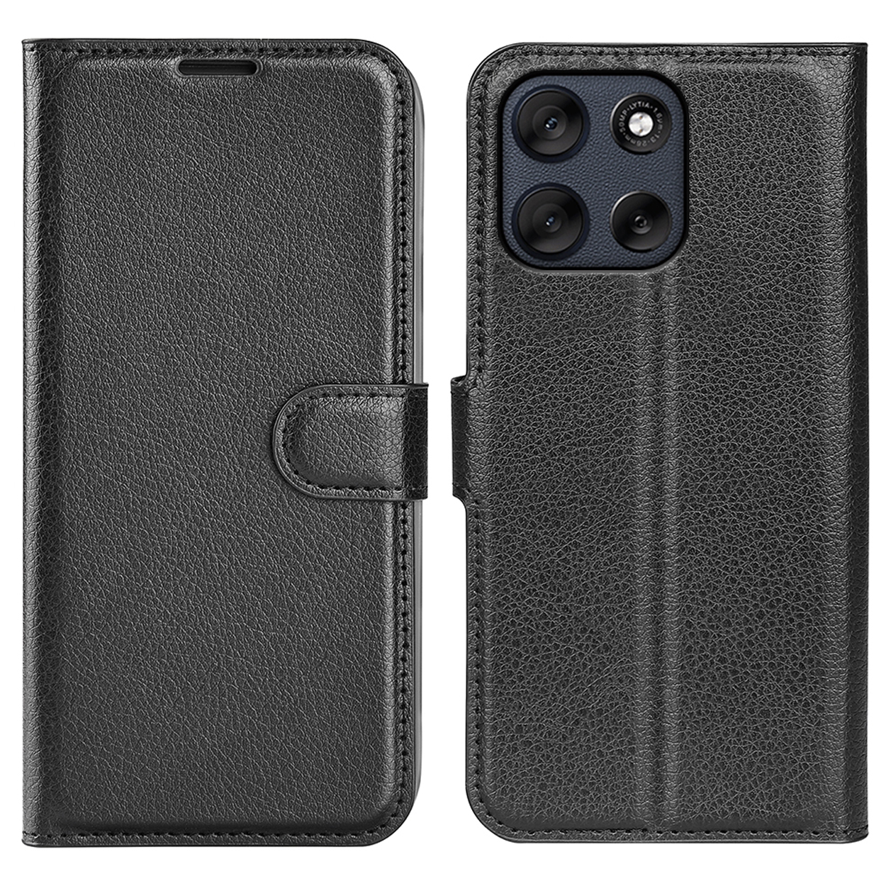 Zwarte leren portemonnee telefoonhoes, gesloten en open, met camera en telefoon.