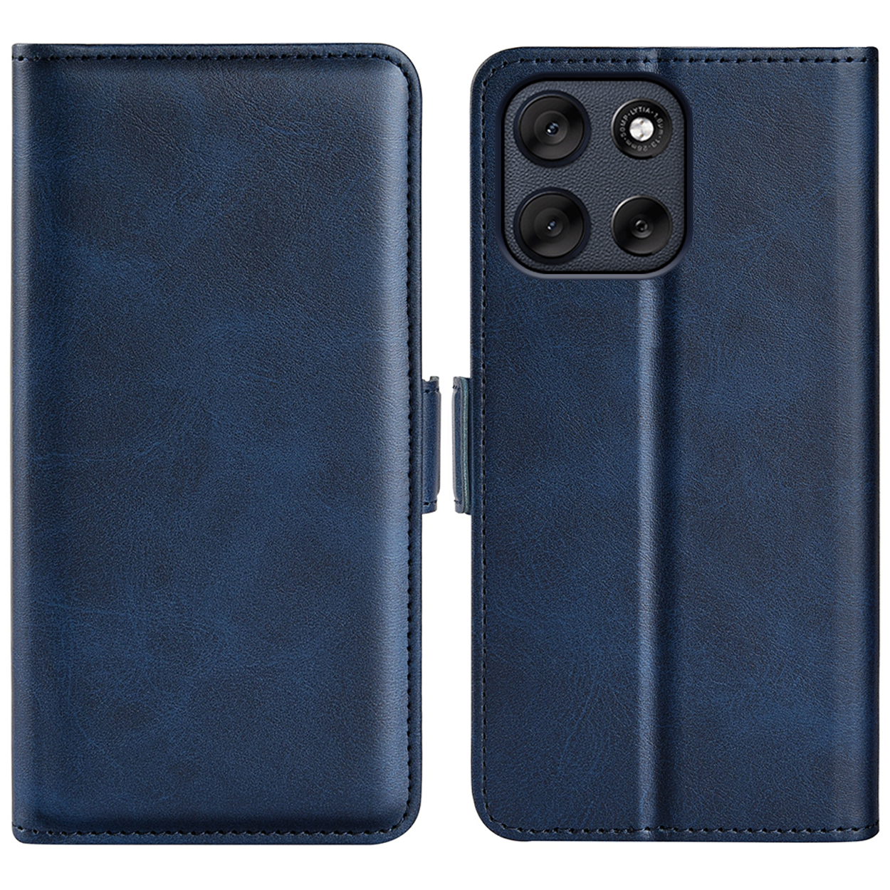 Étui de téléphone bleu avec un téléphone à l'intérieur. L'étui est fermé. Le téléphone a plusieurs caméras.