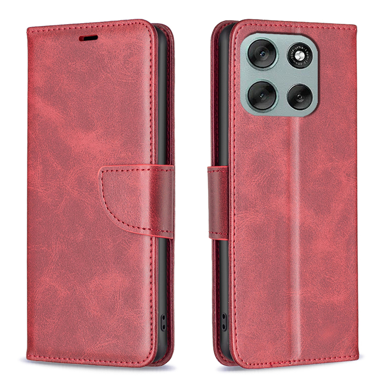 Étui portefeuille en cuir rouge, ouvert et fermé, affichant l'écran du téléphone et les cartes.