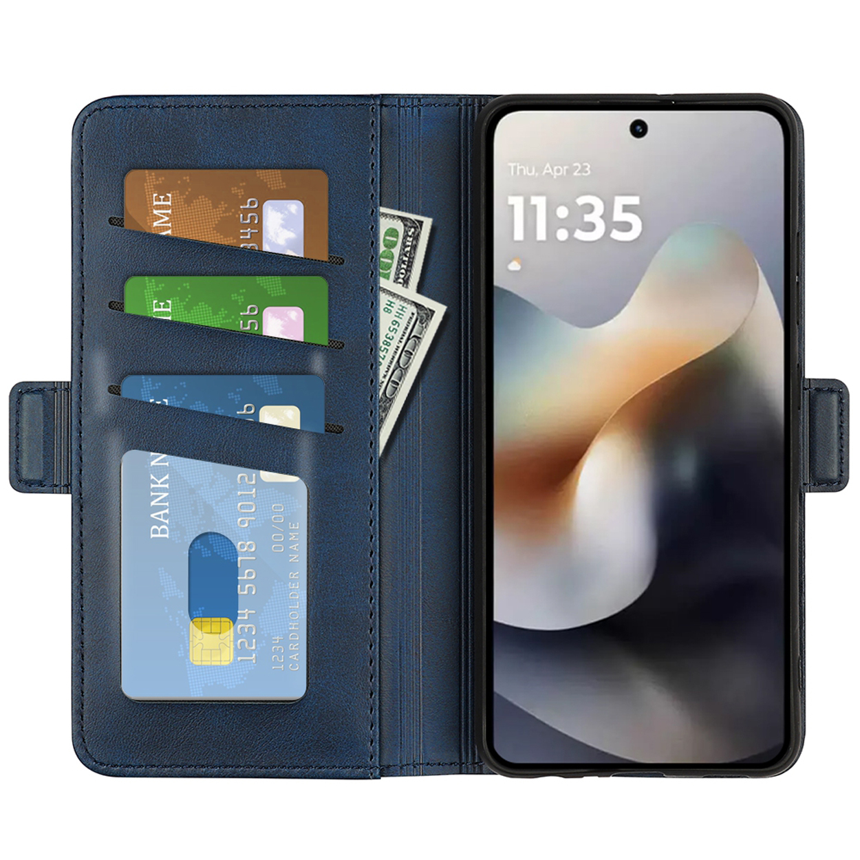 Étui de téléphone bleu avec un téléphone à l'intérieur, affichant l'heure. Cartes et espèces visibles.