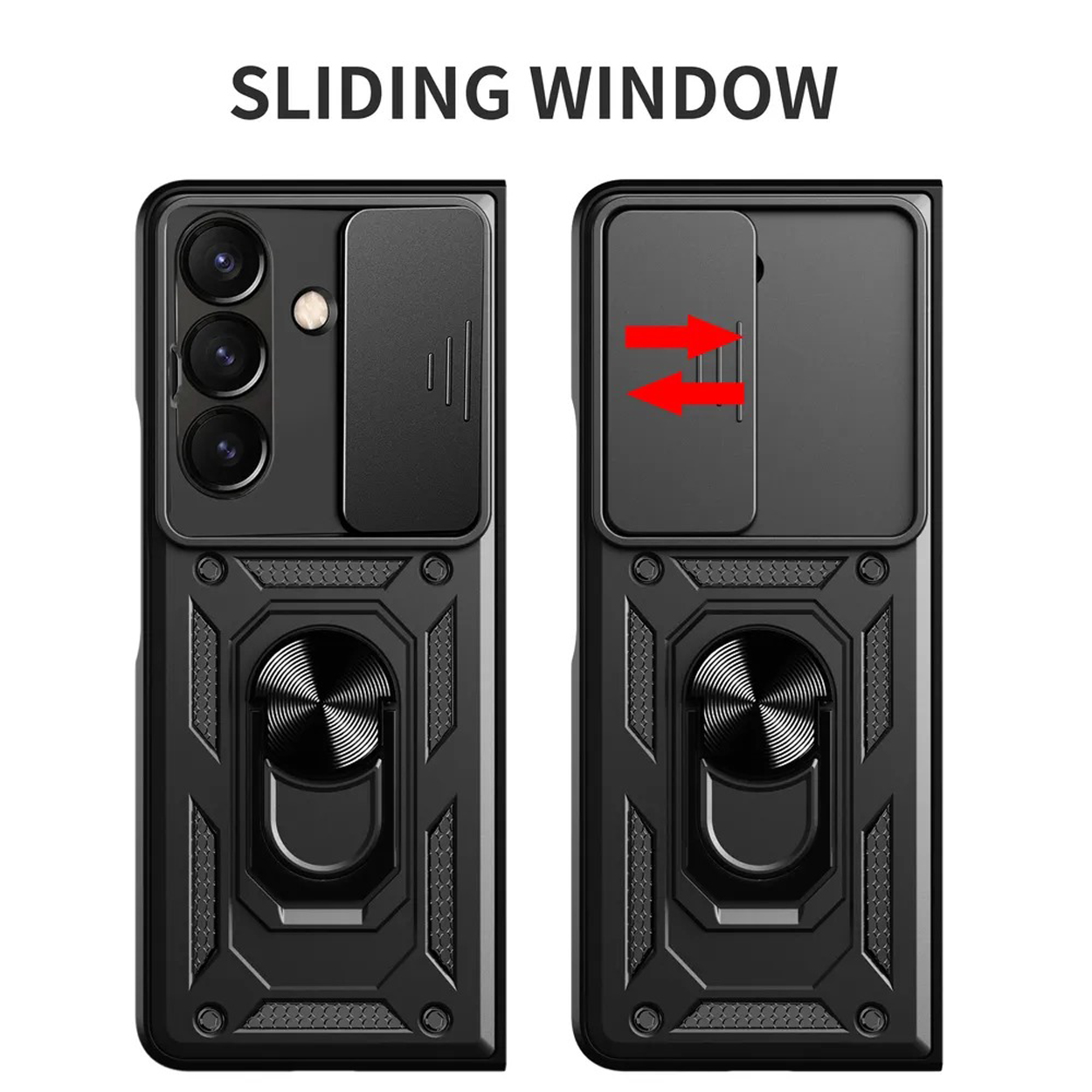 Twee zwarte telefoonhoesjes met schuifvensters. Rode pijlen geven de schuifrichting aan. Tekst: 'SLIDING WINDOW'.