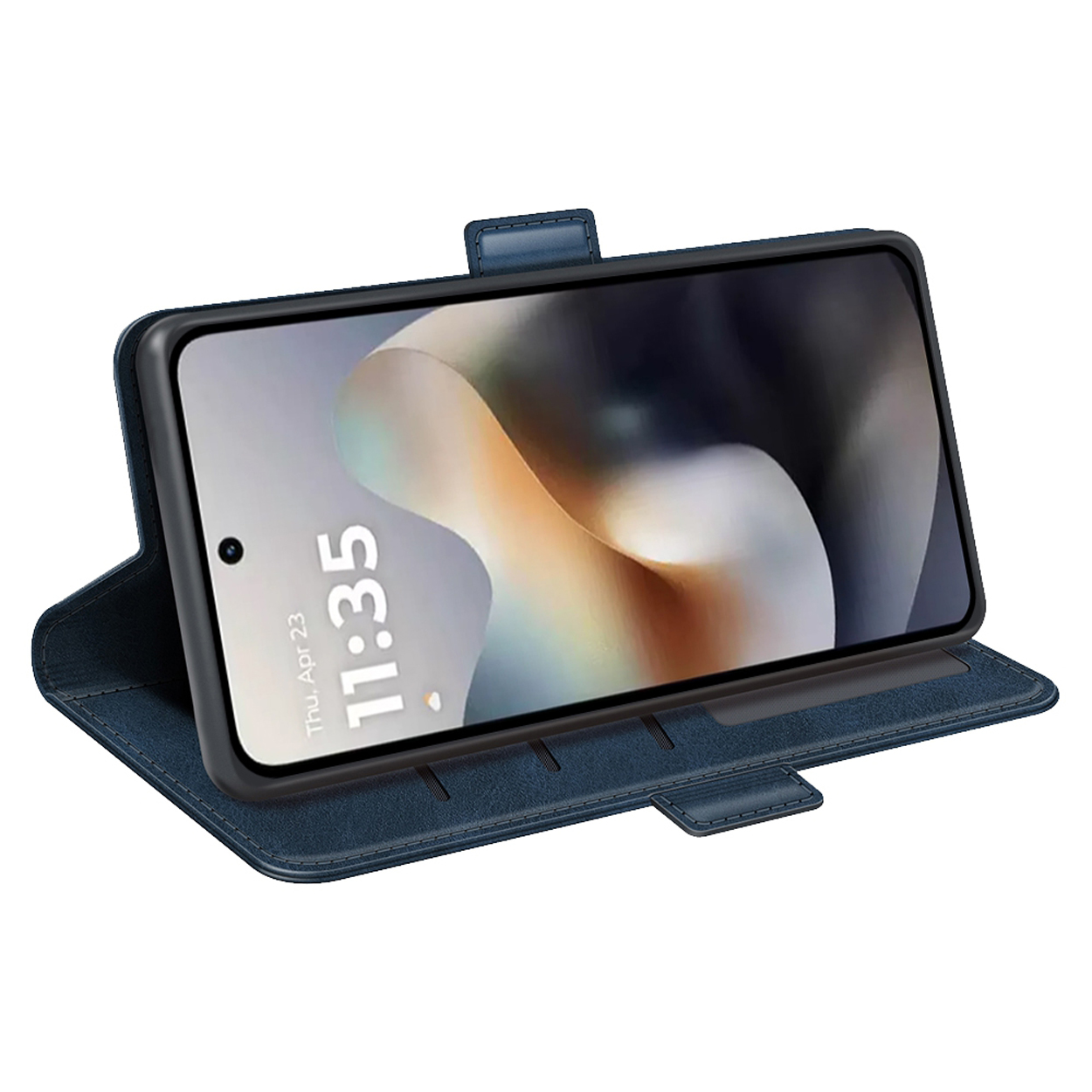 Étui de téléphone bleu ouvert, le téléphone affiche l'heure, 23 avril. L'étui a une fermeture magnétique et des fentes.