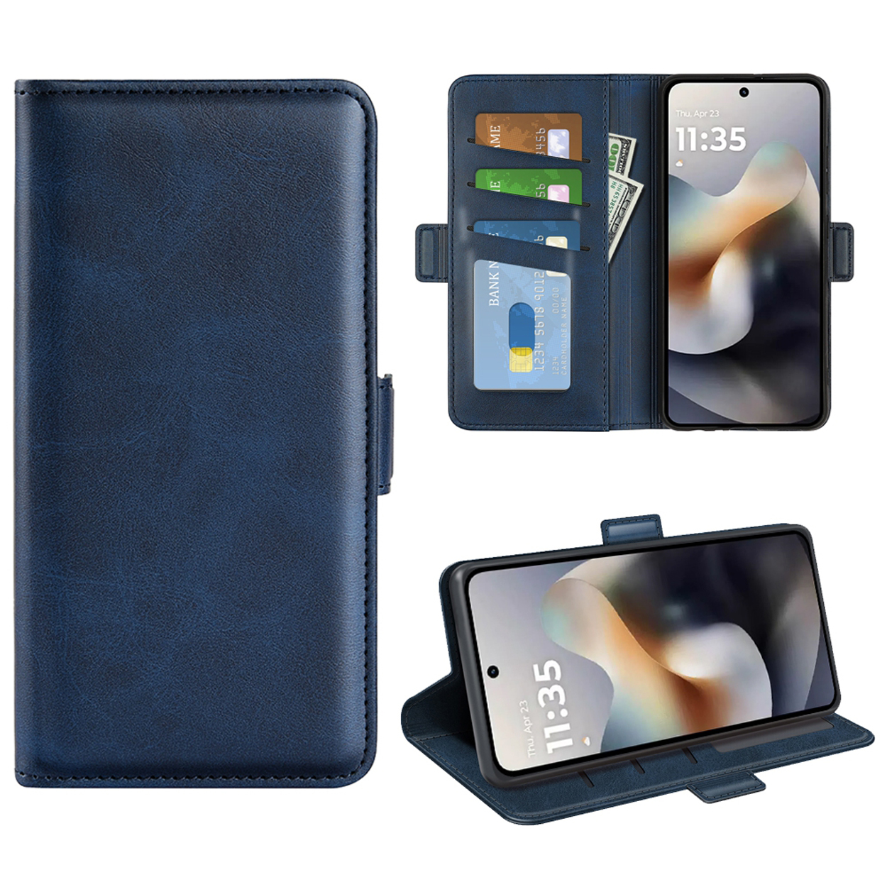 Étui de téléphone bleu avec vues ouvertes et fermées. Affiche le téléphone avec l'heure, le 23 avril, cartes et argent.