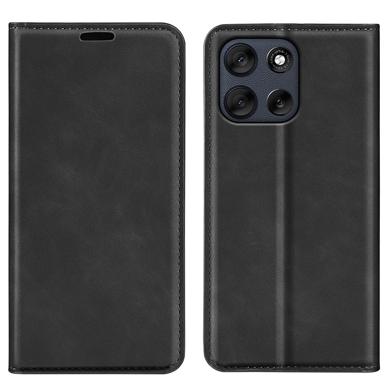Zwarte telefoonhoes, voor- en achteraanzicht, met de telefoon en cameralenzen.