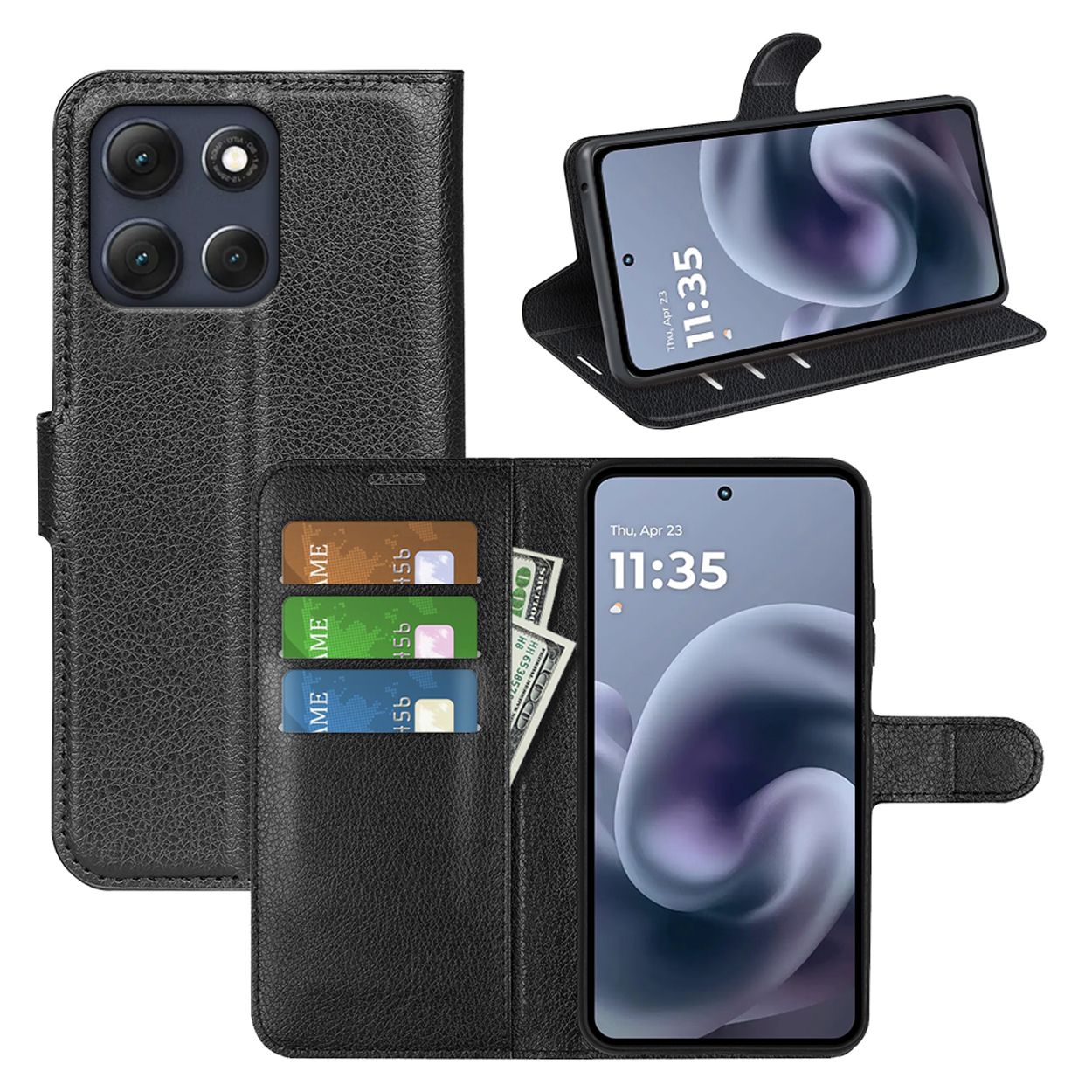 Étui de téléphone noir avec plusieurs vues. Le téléphone affiche l'heure, 23 avril. Cartes et argent liquide sont visibles.