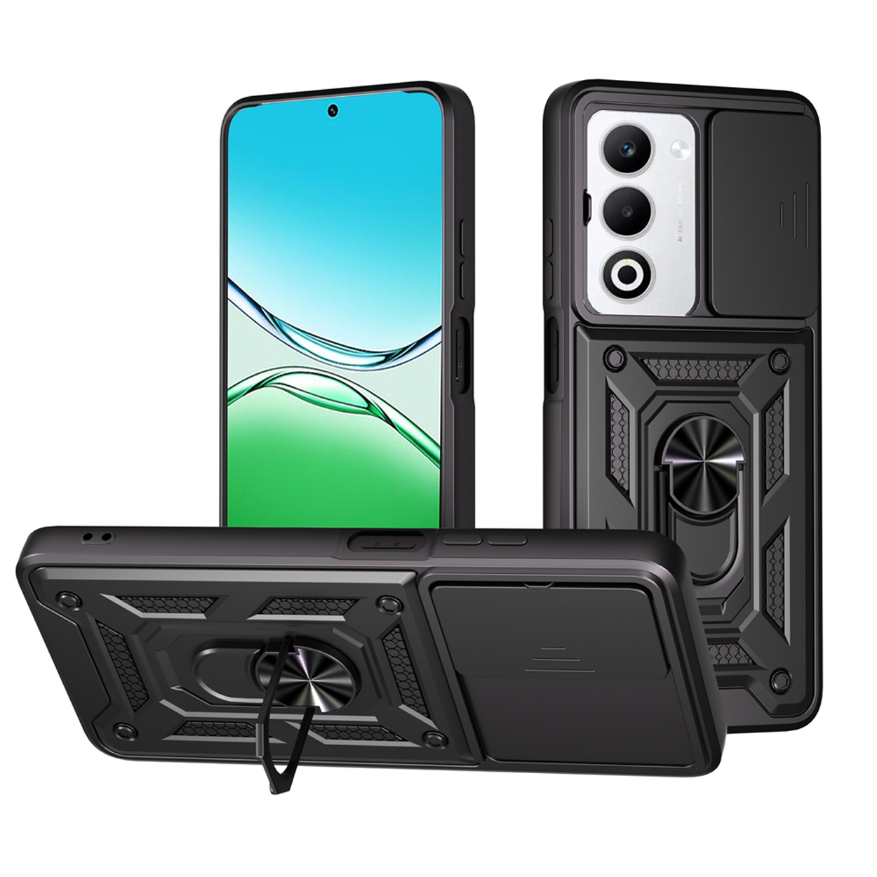 Zwarte telefoonhoes met cameralensafdekking en ringstandaard. De telefoon is zwart.