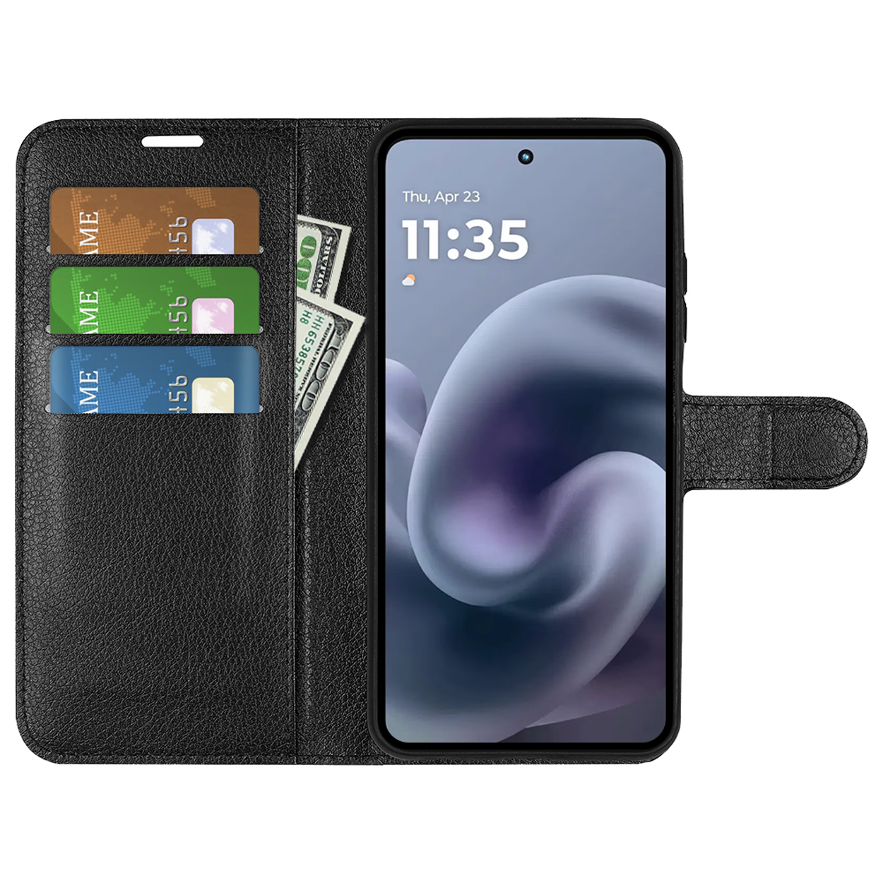 Étui de téléphone noir ouvert, avec cartes et argent, le téléphone affiche l'heure, 23 avril. L'étui est fermé.