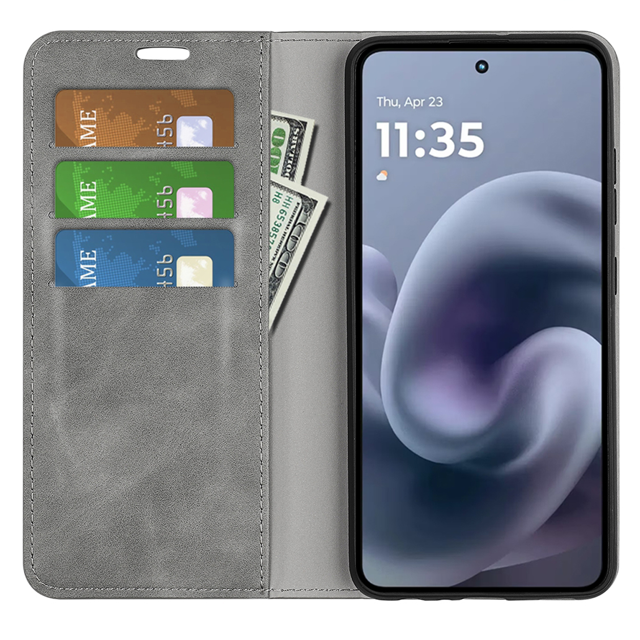 Grijze telefoonhoes open met kaarten, contant geld en een telefoon die de tijd, 23 april, weergeeft.