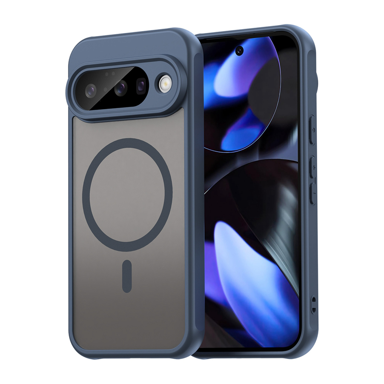 Blauwe telefoonhoes met een magnetische cirkel op de achterkant. Telefoon is niet zichtbaar. De hoes heeft een doosvorm.