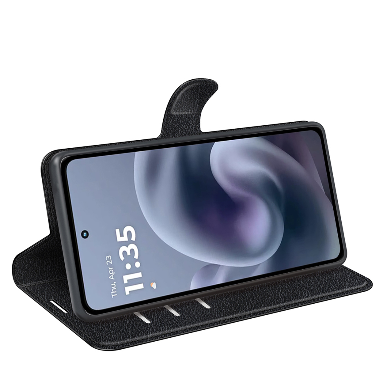 Étui de téléphone noir avec un téléphone à l'intérieur. L'écran affiche l'heure. L'étui est ouvert.