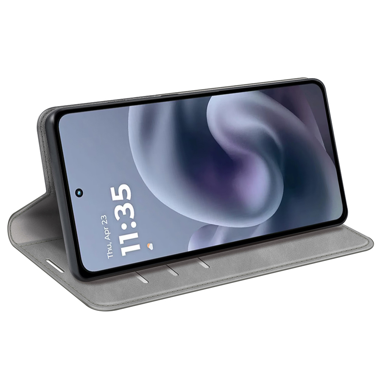 Grijze telefoonhoes met telefoon erin. Het scherm toont de tijd. De hoes is open.