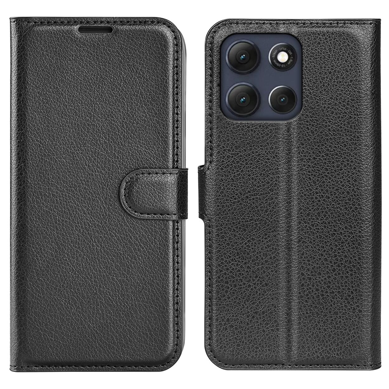 Un étui de téléphone noir, avant et arrière. L'arrière a une caméra et l'avant est fermé.