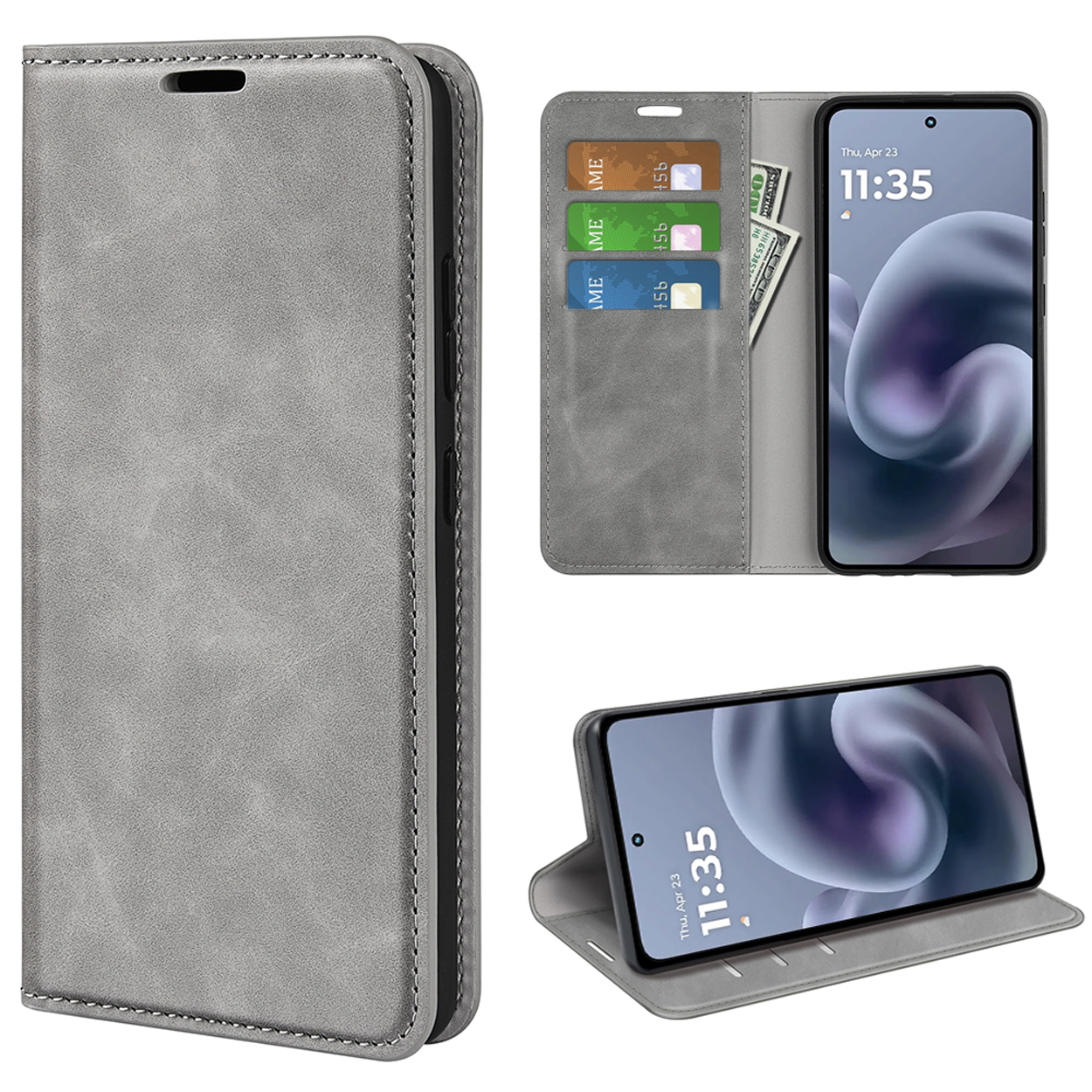 Drie afbeeldingen van een grijze telefoonhoes met een telefoon erin. De telefoon toont de tijd. Open en gesloten hoesjes.