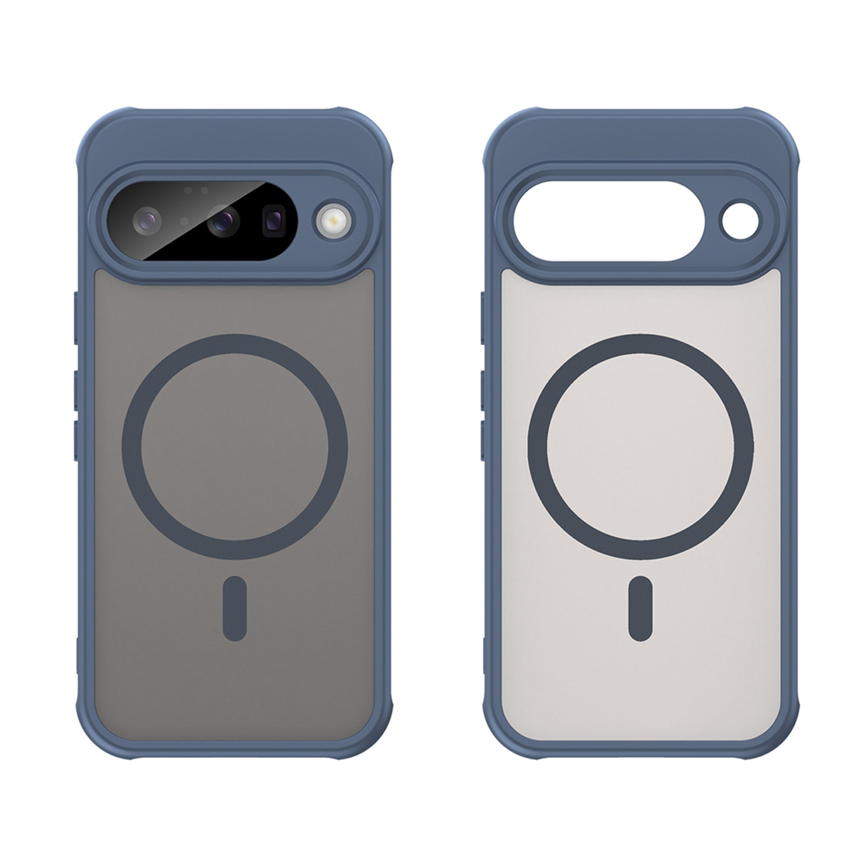 Twee telefoonhoesjes, één grijs, één wit, met een blauwe rand. Ze hebben een camera-uitsparing en cirkel.