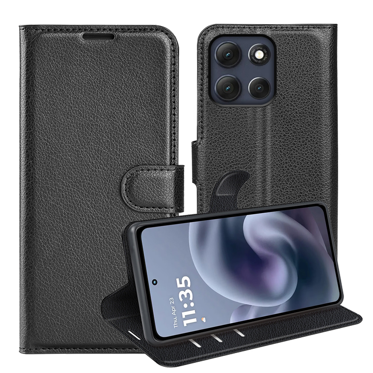 Étui de téléphone noir avec un téléphone à l'intérieur. L'étui est fermé. Le téléphone affiche l'heure.