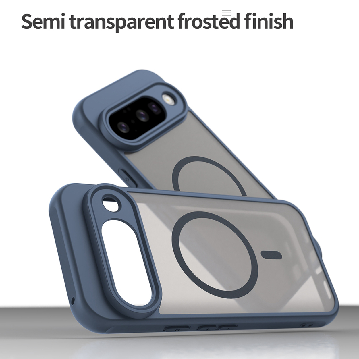 Twee telefoonhoesjes. Eén ligt bovenop de andere. De hoes is blauw met een transparante achterkant.