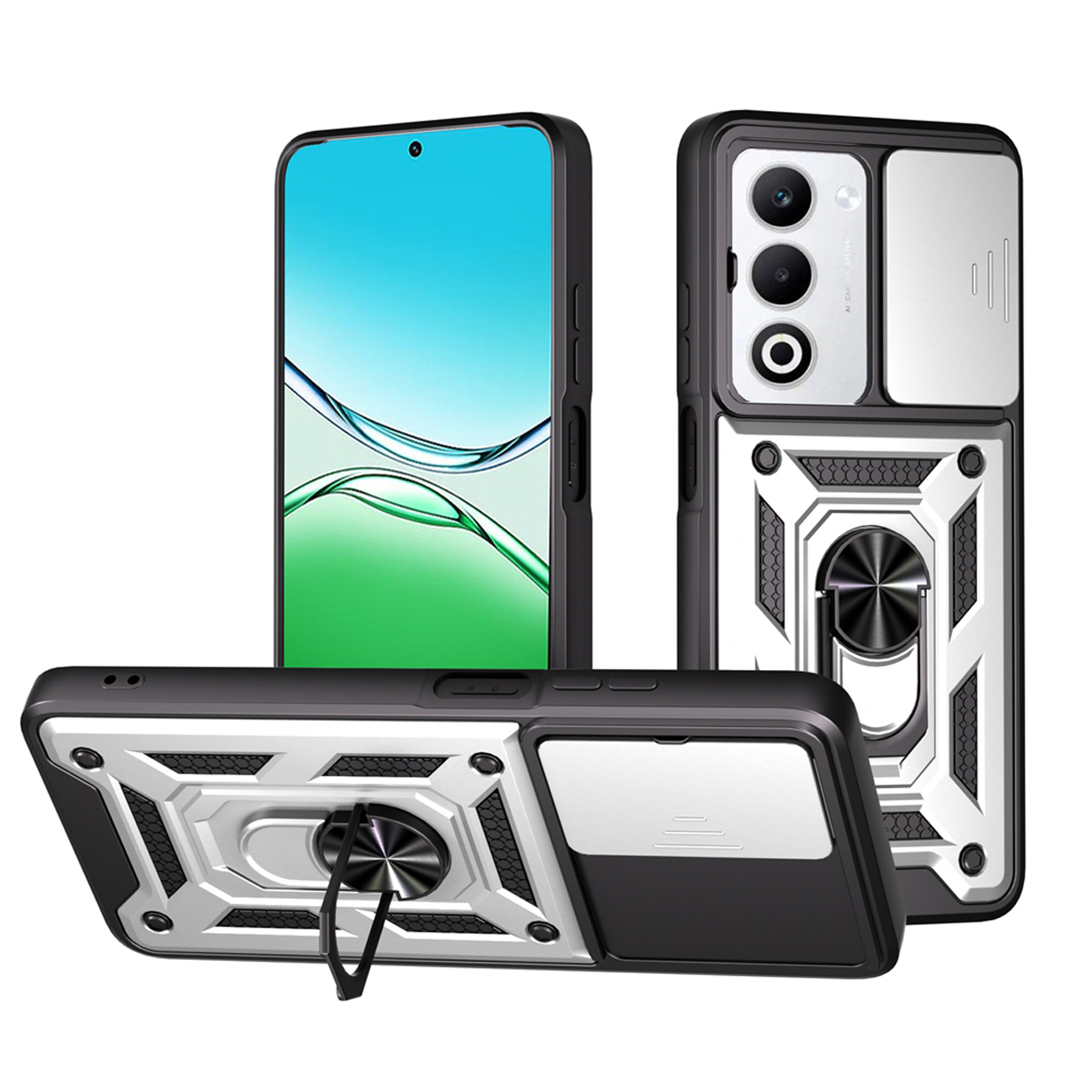 Telefoonhoesje met standaard, in drie weergaven. Het telefoonscherm is in één weergave zichtbaar.