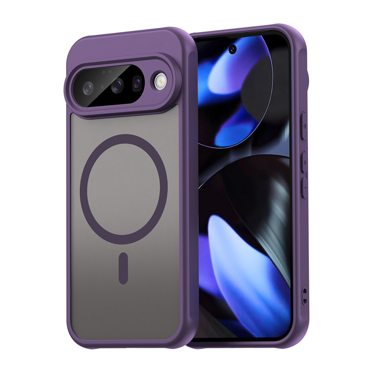 Paarse telefoonhoes met een telefoon erin. Het scherm van de telefoon is gedeeltelijk zichtbaar.