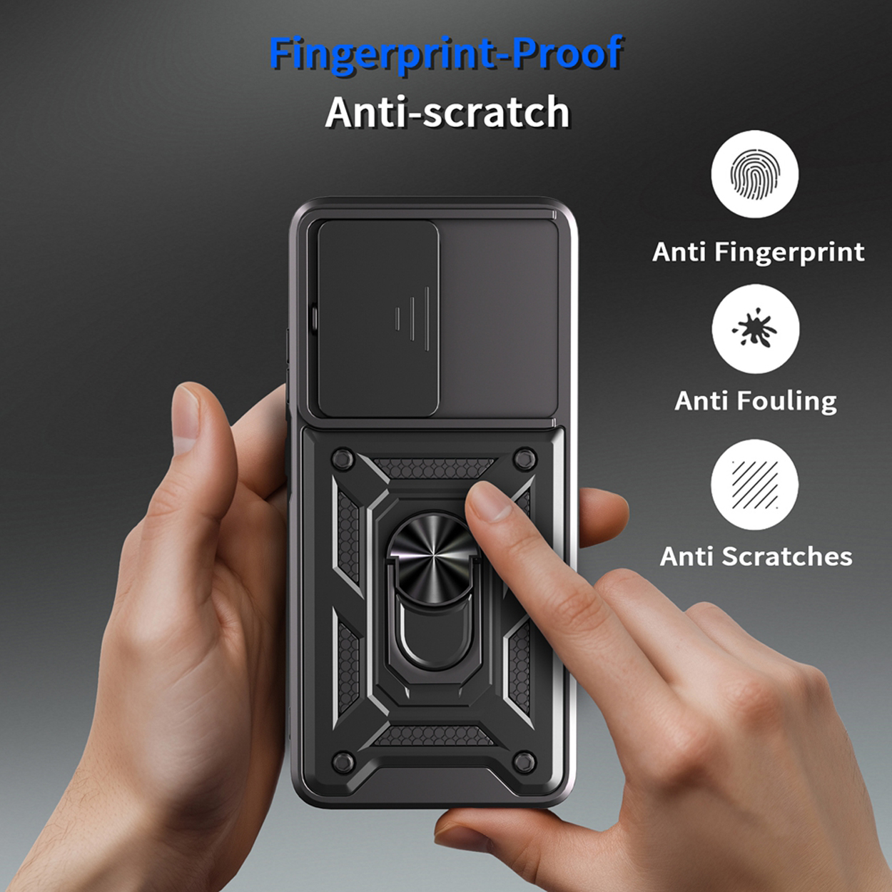 Hand die een telefoonhoes vasthoudt met anti-kras, anti-vingerafdruk en anti-aankoekfuncties. Zwarte kleur.