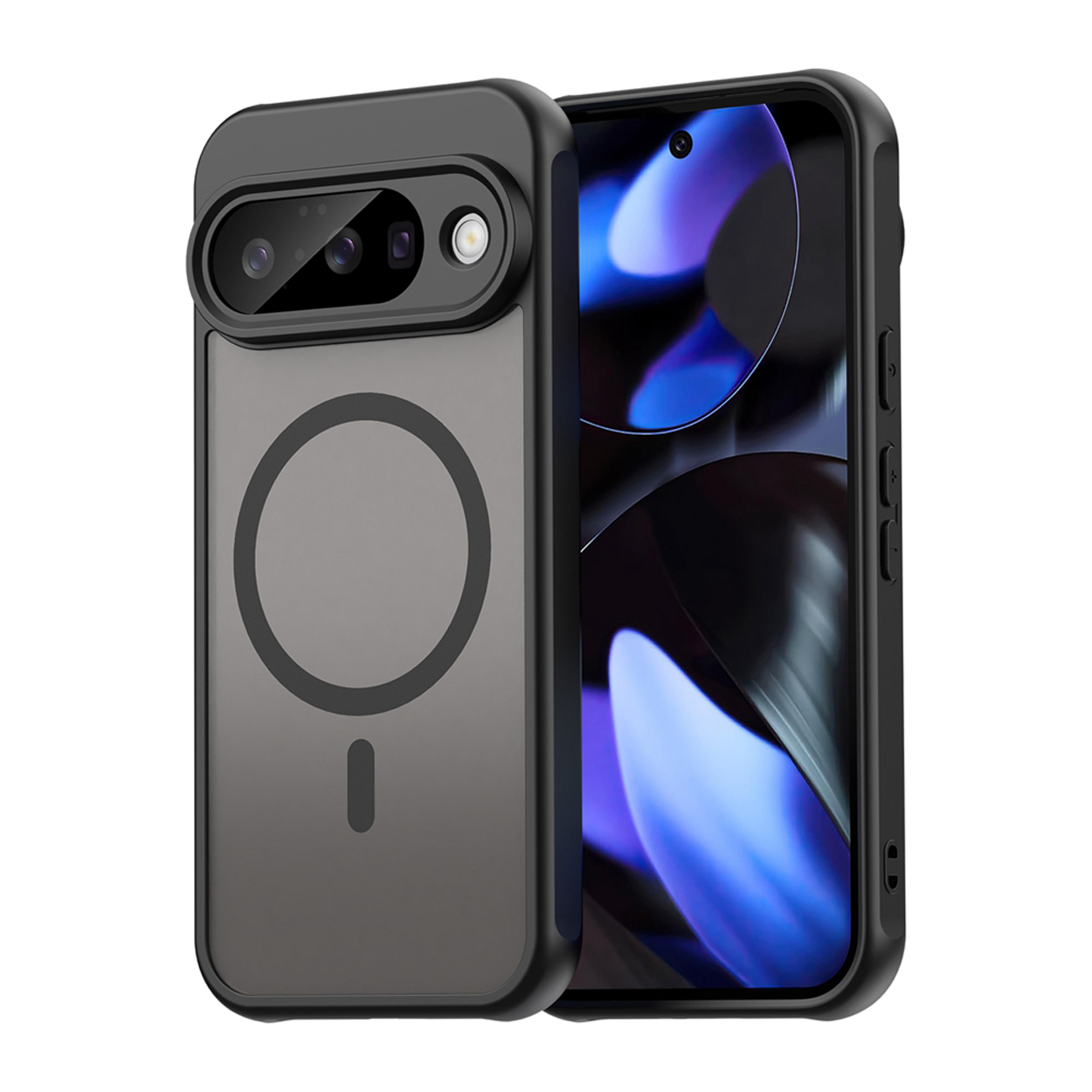 Coque de téléphone noire avec protection d'appareil photo et anneau magnétique. Un téléphone est partiellement visible.