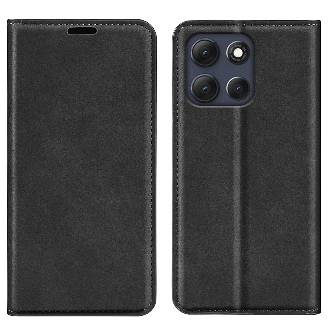 Zwarte leren telefoonhoes, gesloten en open, onthult de camera en het scherm van de telefoon.