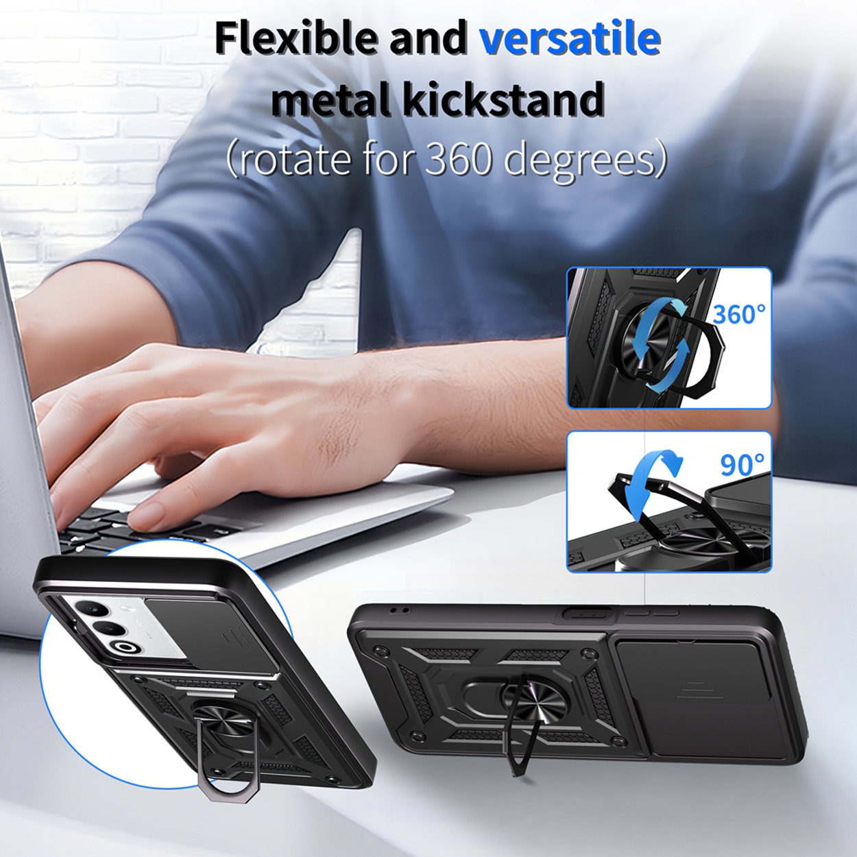 Afbeelding toont een telefoonhoesje met een standaard. Tekst zegt: Flexibele en veelzijdige metalen kickstand.