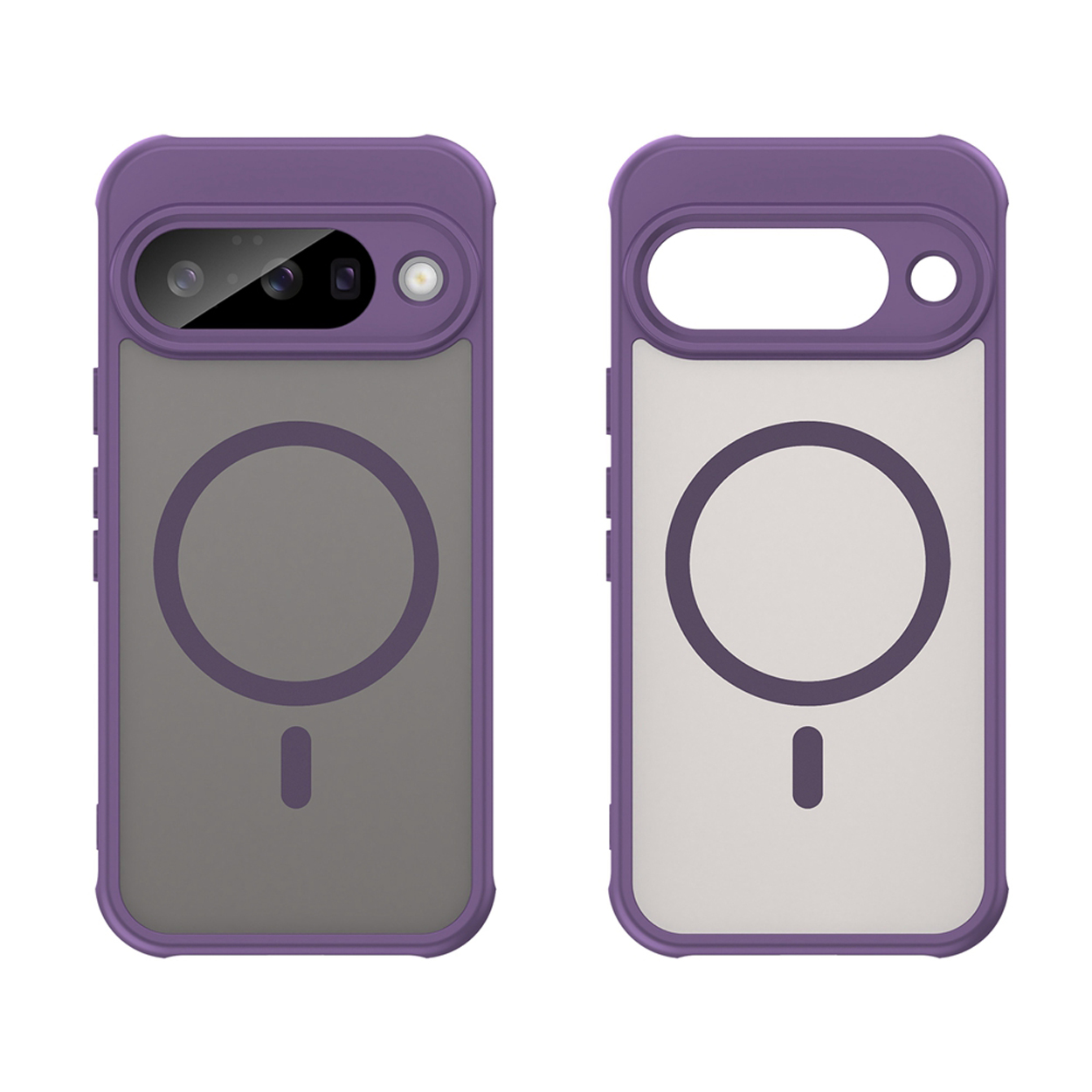 Twee telefoonhoesjes met paarse frames, grijze en witte achterkanten en magnetische ringen.