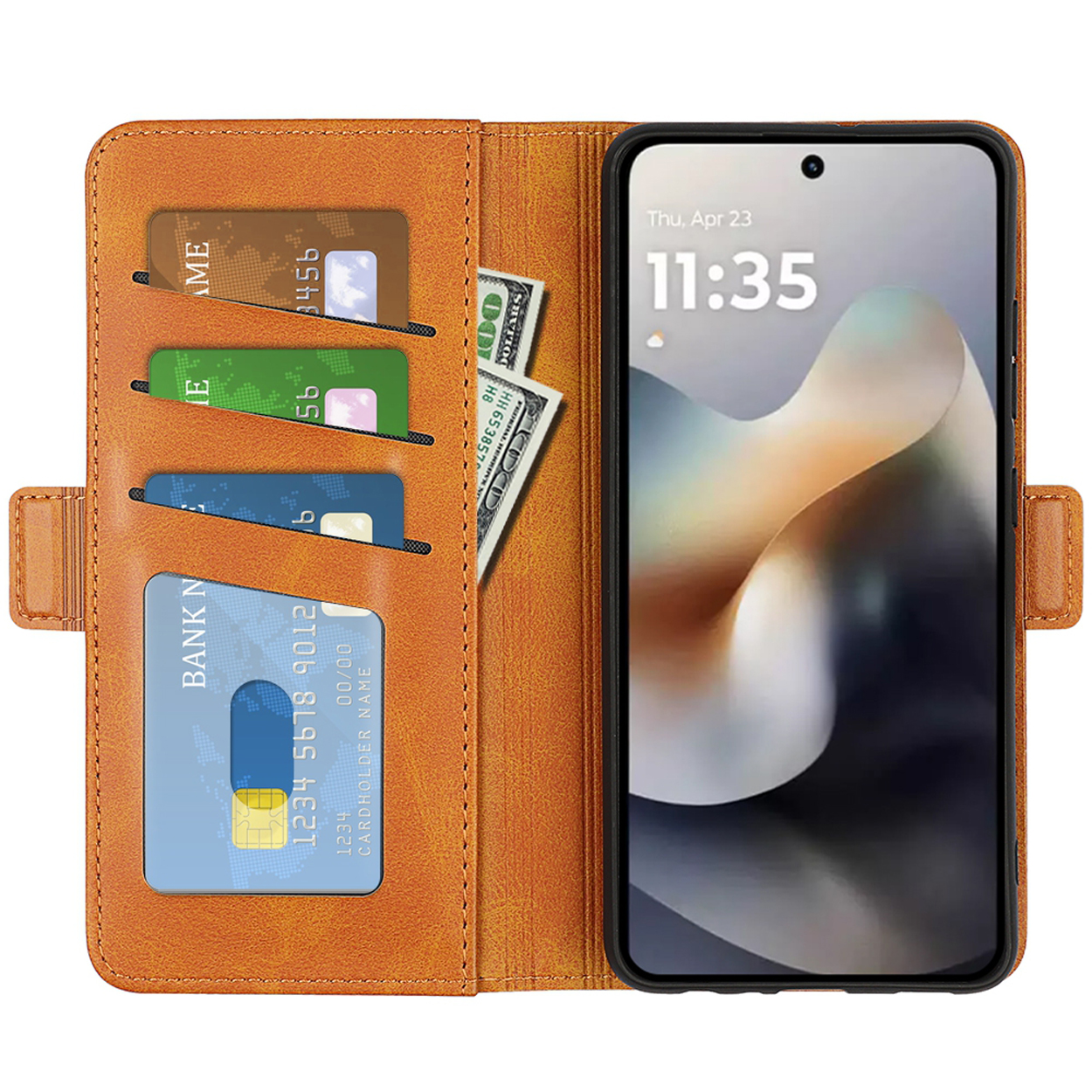Étui de téléphone ouvert avec cartes, espèces et téléphone affichant l'heure et la date.