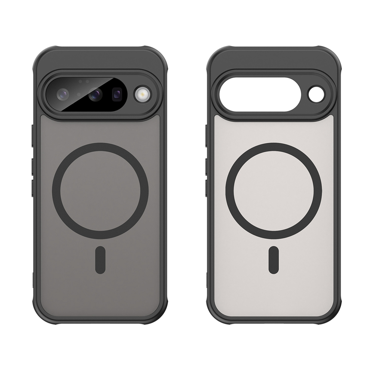 Deux coques de téléphone avec des dos gris et blancs, et un anneau magnétique.