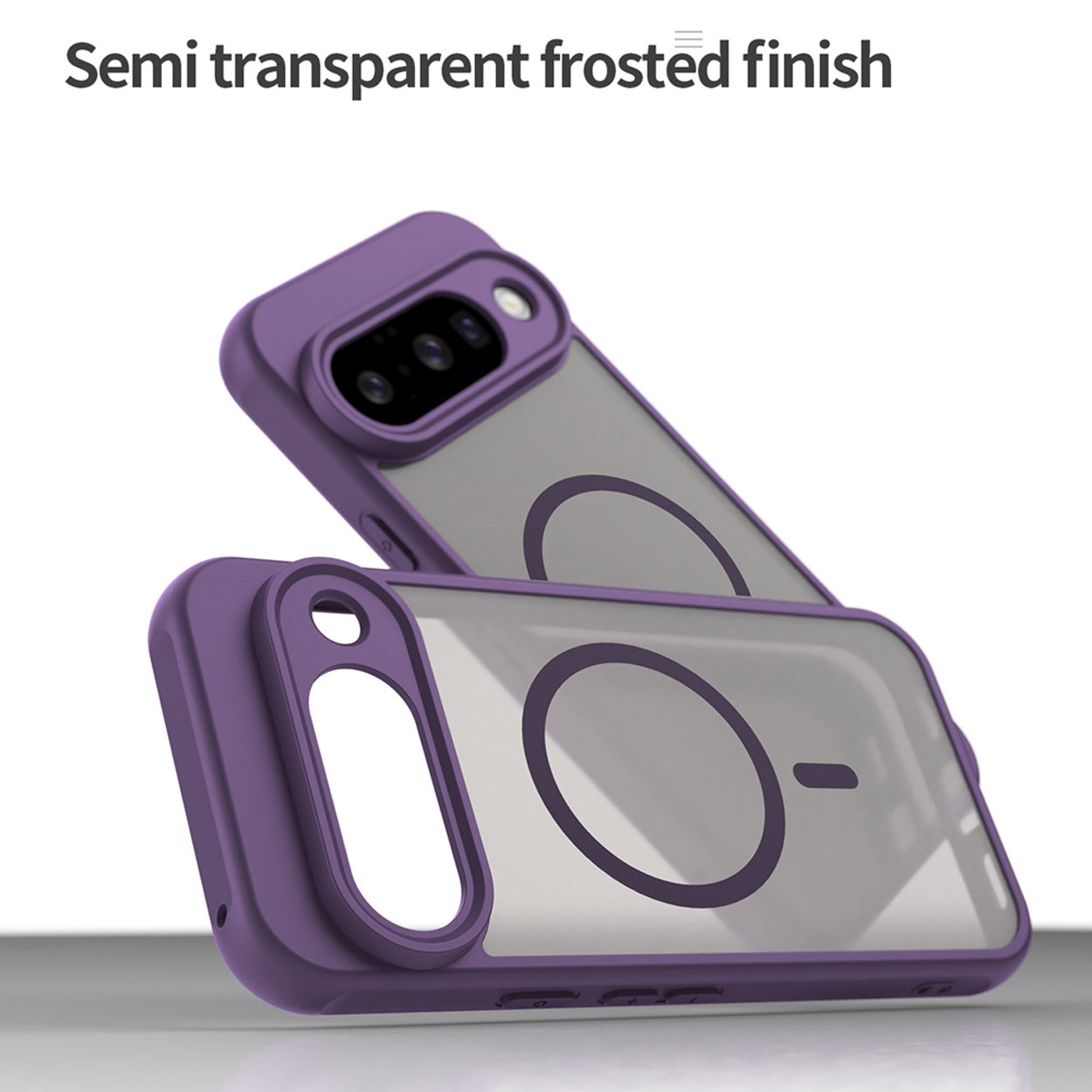 Twee telefoonhoesjes met paarse frames en semi-transparante grijze achterkanten.