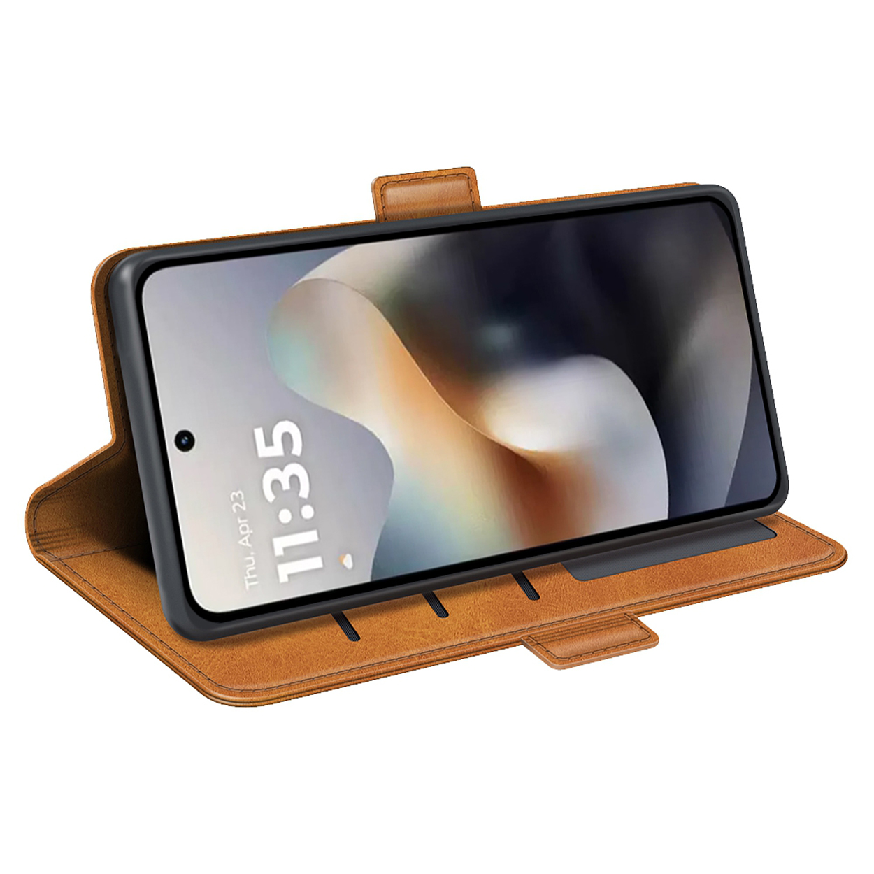 Étui de téléphone ouvert avec téléphone à l'intérieur, affichant l'heure et la date. L'étui est marron.