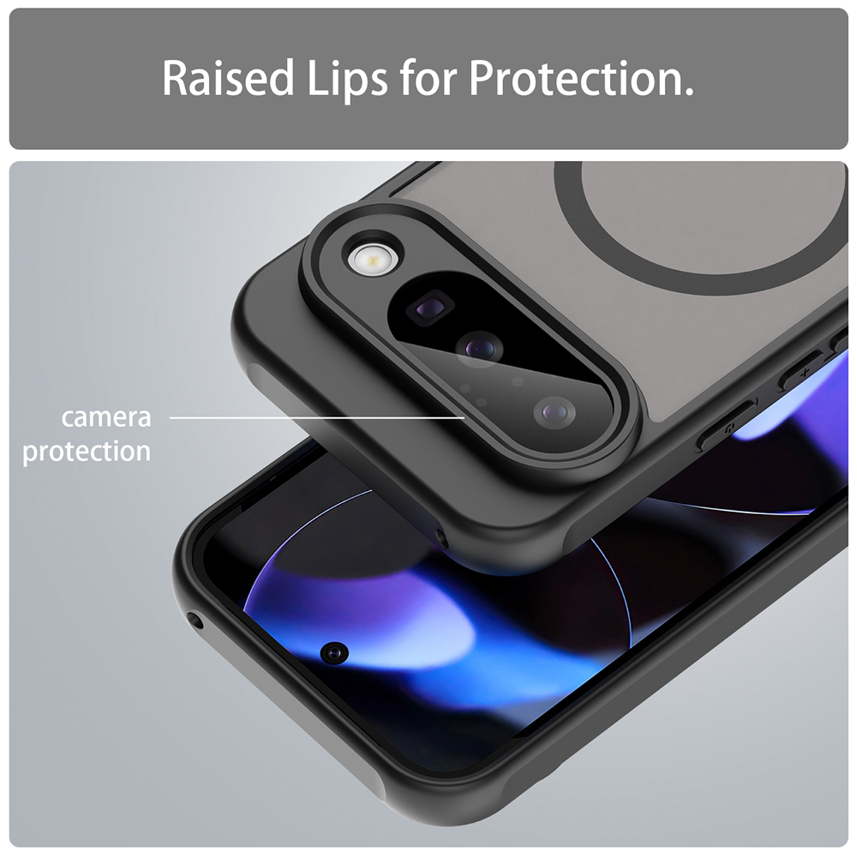 Gros plan sur la coque de téléphone avec protection de l'appareil photo et un téléphone à l'intérieur, vu d'en haut.