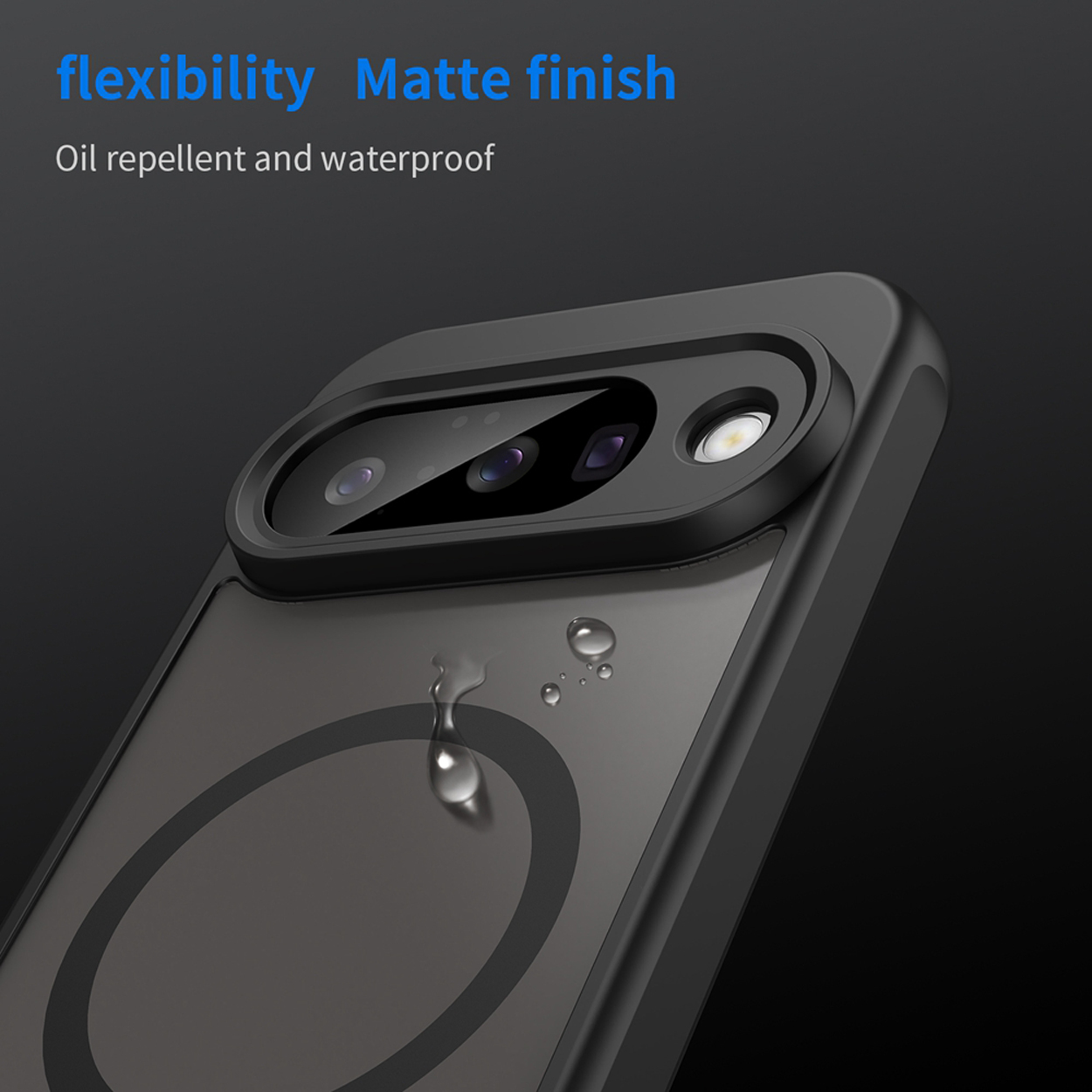Coque de téléphone avec des gouttelettes d'eau, avec le texte "flexibility Matte finish".