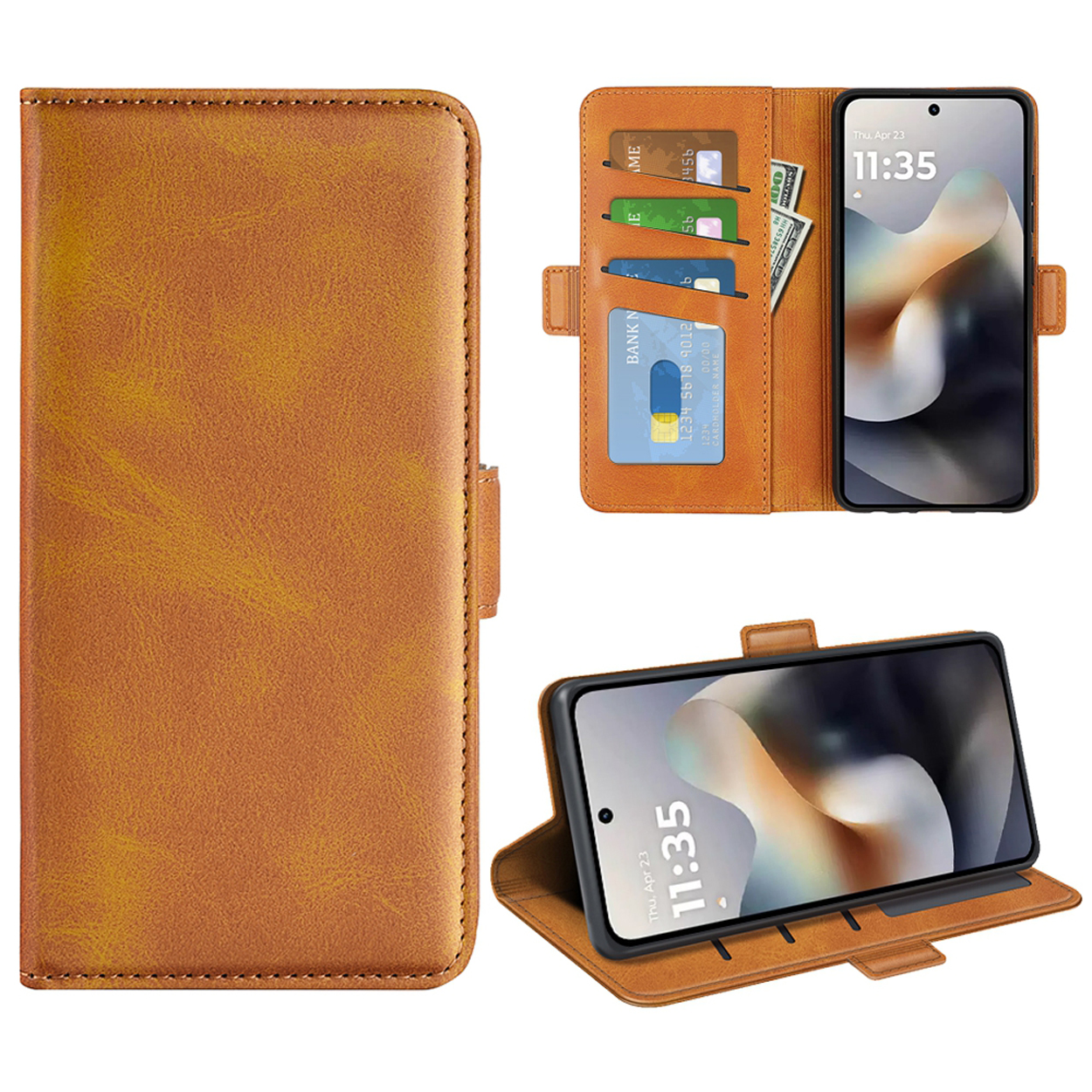 Trois images d'un étui portefeuille en cuir marron ouvert et fermé, avec un téléphone à l'intérieur.