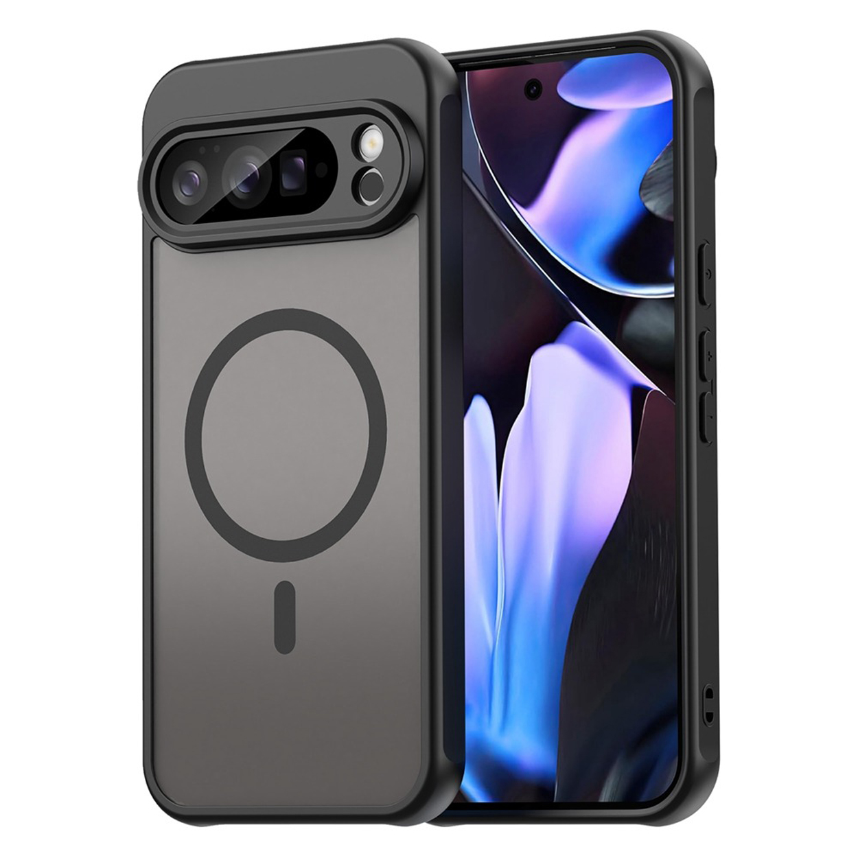 Zwarte telefoonhoes met camerabescherming en een telefoon gedeeltelijk erin.