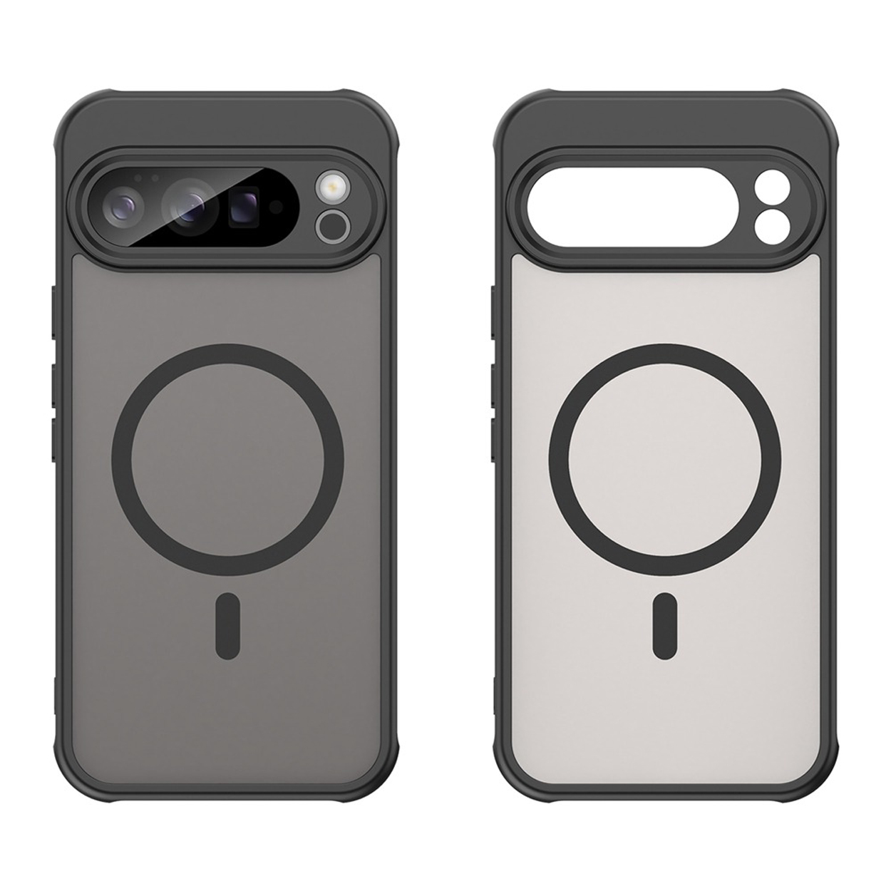 Twee telefoonhoesjes, één grijs, één wit, beide met een zwart camera-gedeelte en een cirkel op de achterkant.