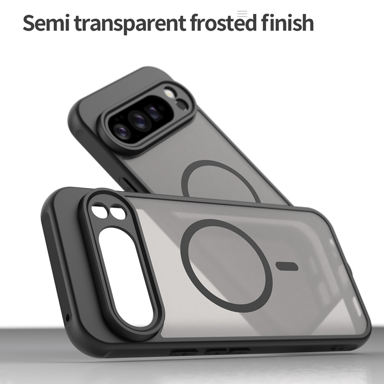 Twee zwarte telefoonhoesjes met een semi-transparante grijze achterkant, de een boven de ander.