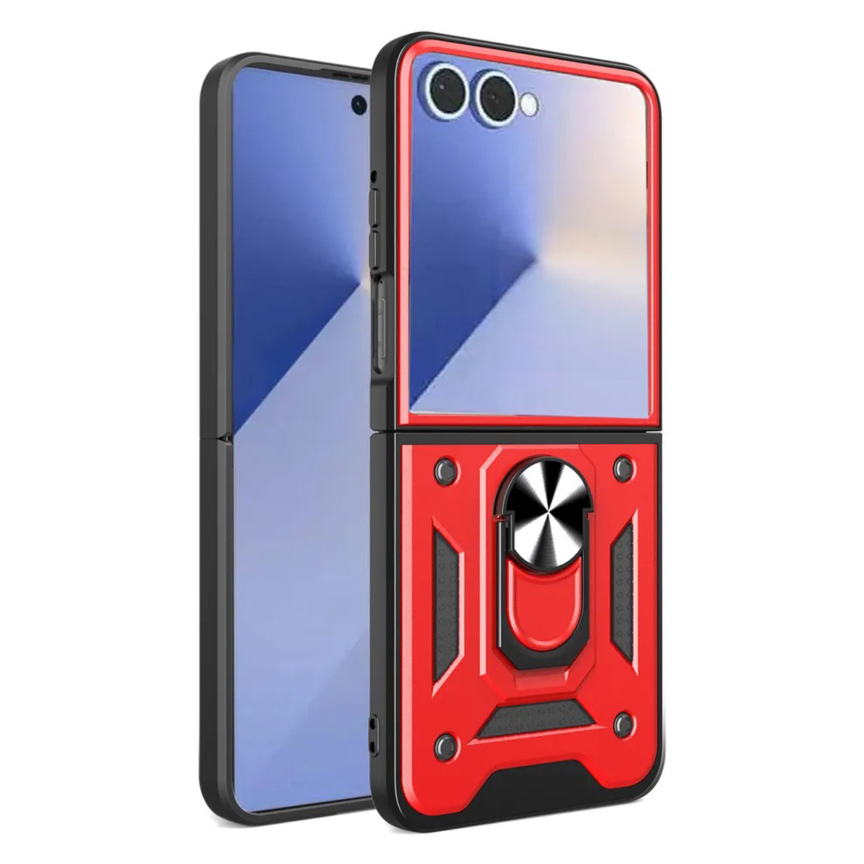 Étui de téléphone rouge et noir ouvert, montrant deux moitiés de téléphone, avec caméra et support d'anneau.