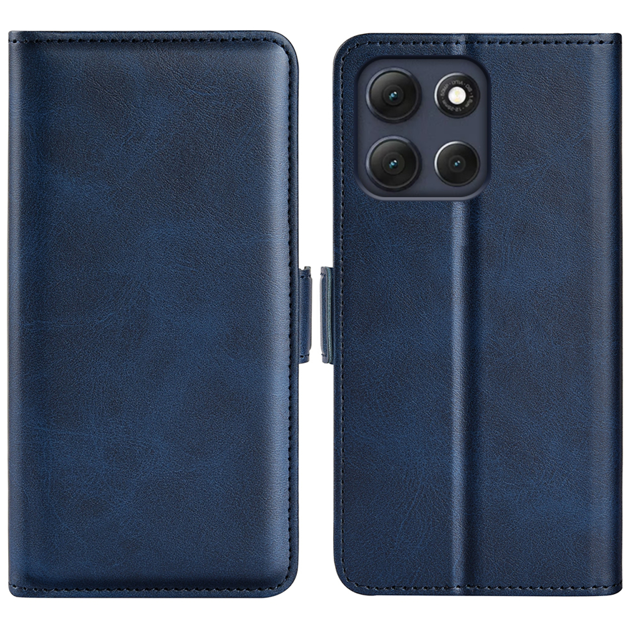 Een blauwe leren telefoonhoes, opengeklapt om drie kaartsleuven en een telefoonhouder te onthullen.